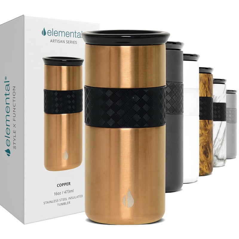 إليمنتال الأولي الحرفي المعزول معجل ثلاثي الجدار القهوة سفر سفر القدح القابلة لإعادة الاستخدام من الفولاذ المقاوم للصدأ القهوة معجمة مع أكواب القهوة الحرارية لغطاء السيراميك للساخنة (6 ساعات) والباردة (18 ساعة) - Image 1