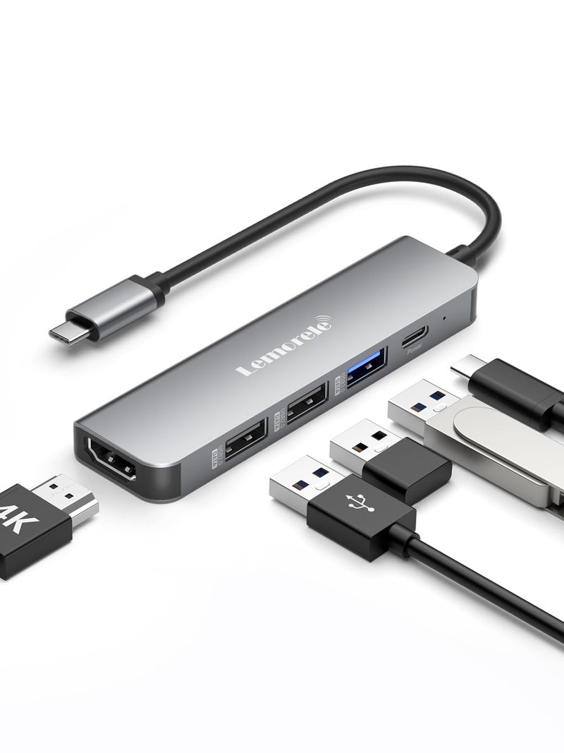 Lemorele Aluminum USB C Hub, 5 in 1 USB C Multiport Adapter with HDMI 4K, USB 3.0, 2*USB 2.0, Fast Charging PD 100W Suitable for MacBook Pro/Air M1, Chromecast, Switch, Windows etc. - Image 1