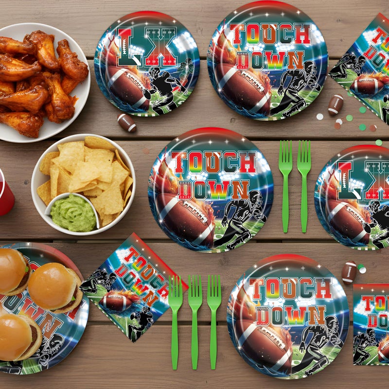 TAKEALOOKO 96 Pcs Football Party Supplies Set, Football Disposable Paper Plate Napkin Fork Set Decorations, Sports Themed Tableware Team Game Day Tailgate Birthday Party Decoration Serves 24 - Image 3