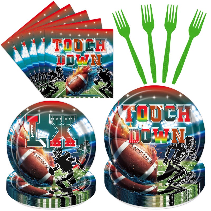 TAKEALOOKO 96 Pcs Football Party Supplies Set, Football Disposable Paper Plate Napkin Fork Set Decorations, Sports Themed Tableware Team Game Day Tailgate Birthday Party Decoration Serves 24 - Image 1
