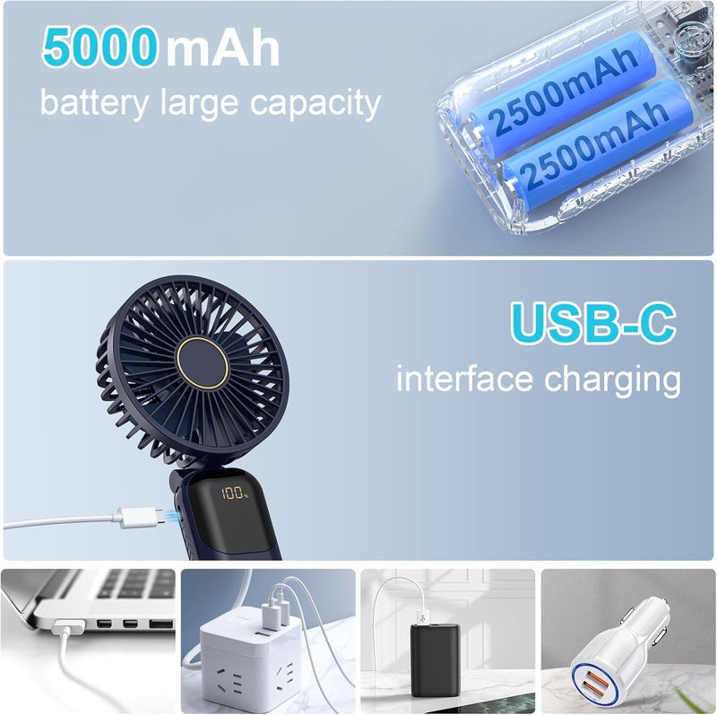 ALKAYAN Portable handheld fan, quiet mini portable fan, USB rechargeable fan, small pocket fan with 5 speed levels digital display, foldable handheld fans for office and travel (blue color) - Image 3