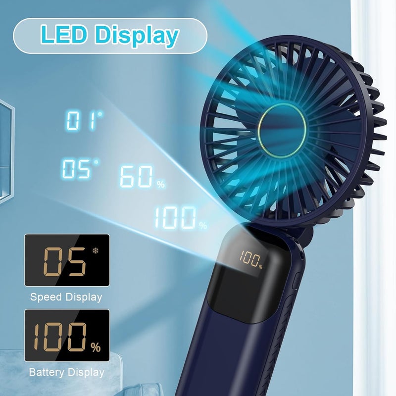 ALKAYAN Portable handheld fan, quiet mini portable fan, USB rechargeable fan, small pocket fan with 5 speed levels digital display, foldable handheld fans for office and travel (blue color) - Image 4