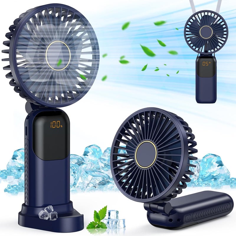 ALKAYAN Portable handheld fan, quiet mini portable fan, USB rechargeable fan, small pocket fan with 5 speed levels digital display, foldable handheld fans for office and travel (blue color) - Image 1