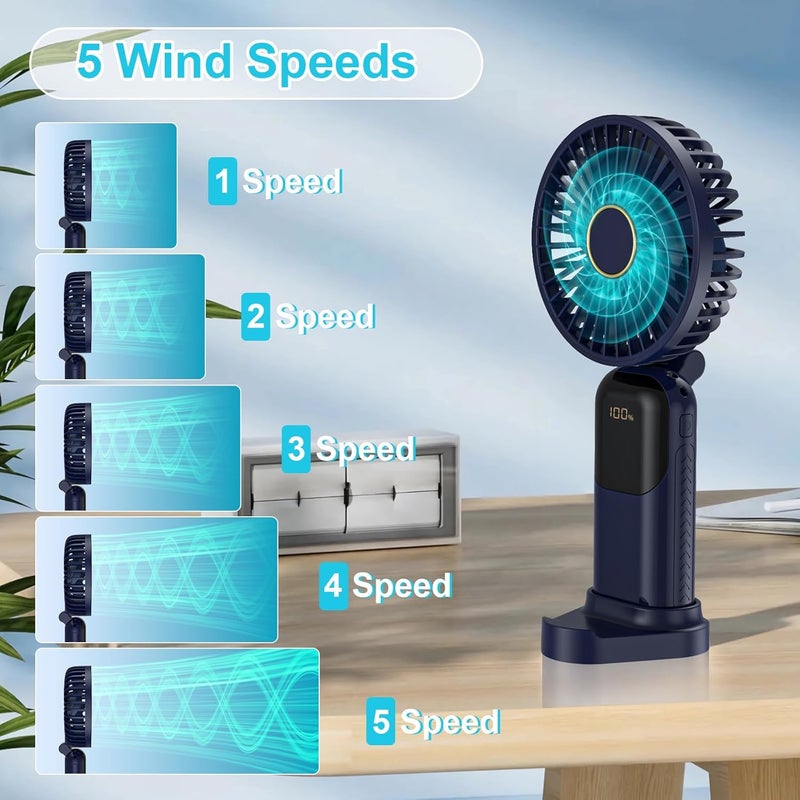 ALKAYAN Portable handheld fan, quiet mini portable fan, USB rechargeable fan, small pocket fan with 5 speed levels digital display, foldable handheld fans for office and travel (blue color) - Image 2