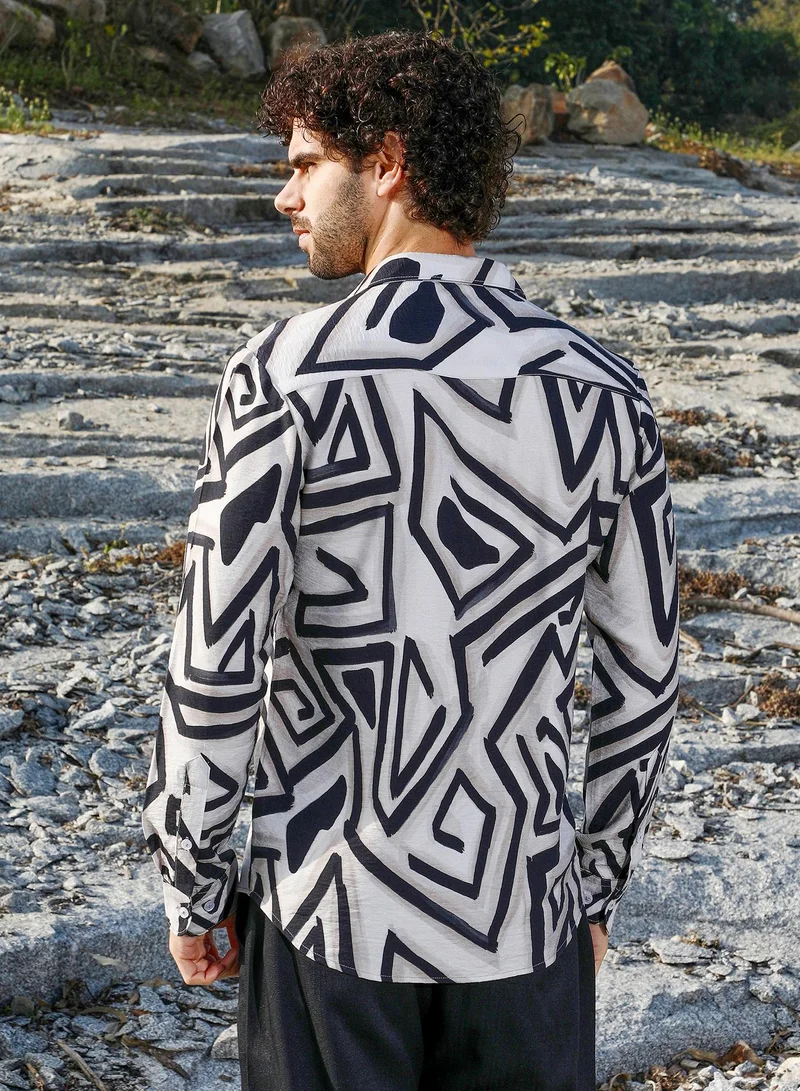 Campus Sutra Men's Onyx Black & Saltbox Beige Abstract Breezy Shirt