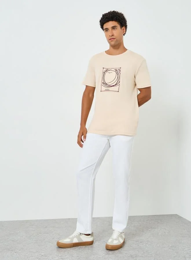 Styli Men Beige Graphic Print Crew Neck T-Shirt
