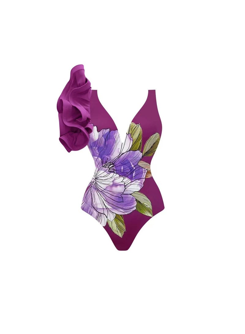 Y&D 2-Piece Women Single Shoulder Lotus Leaf Edge Printed Swimsuit With Skirt Holiday Beach Dress Female Retro Swimwear Vintage Surf Wear Summer  - Image 2