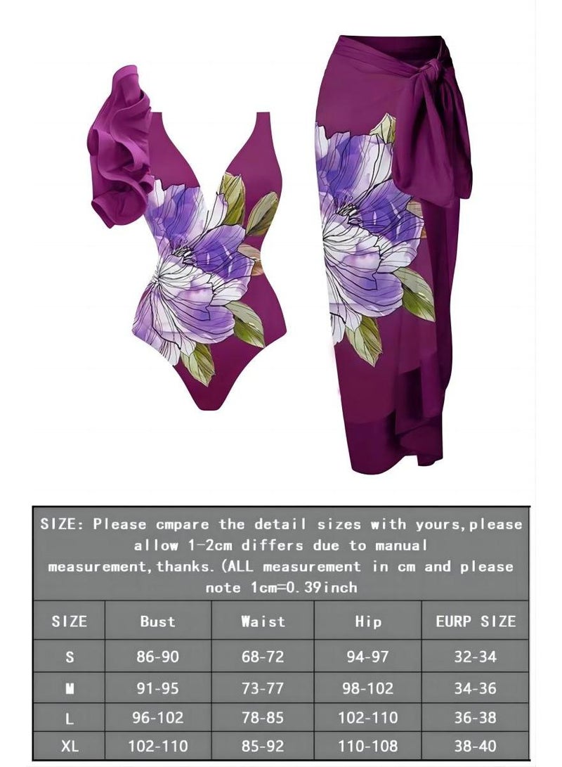 Y&D 2-Piece Women Single Shoulder Lotus Leaf Edge Printed Swimsuit With Skirt Holiday Beach Dress Female Retro Swimwear Vintage Surf Wear Summer  - Image 4