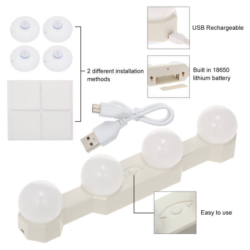 أضواء مرآة LED بـ 4 مصابيح، قابلة لإعادة الشحن عبر USB، خالية من الأسلاك، أضواء مكياج خاصة بالمنظفات، قابلة لتعديل السطوع ودرجة حرارة اللون - Image 2