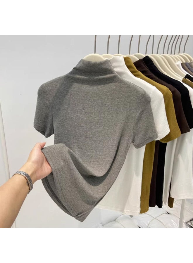 Modal Soft And Silky High-End Feel Semi-High Collar Short Sleeve T-Shirt For Women, Elegant Early Autumn Base Layer, Slim Fit High Elasticity Series Inner Top - Image 3