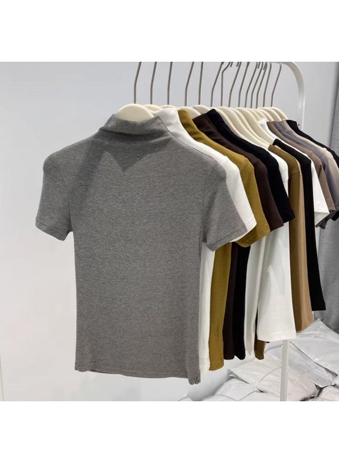 Modal Soft And Silky High-End Feel Semi-High Collar Short Sleeve T-Shirt For Women, Elegant Early Autumn Base Layer, Slim Fit High Elasticity Series Inner Top - Image 4