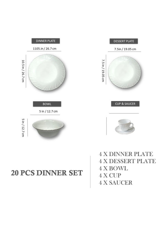 Houzi 20 Pcs Opal ware Dinnerware Set 4 x Dinner plate 4 x Dessert plate 4 x Bowl 4 x Cup 4 x Saucer Serving for 4 People - Image 2