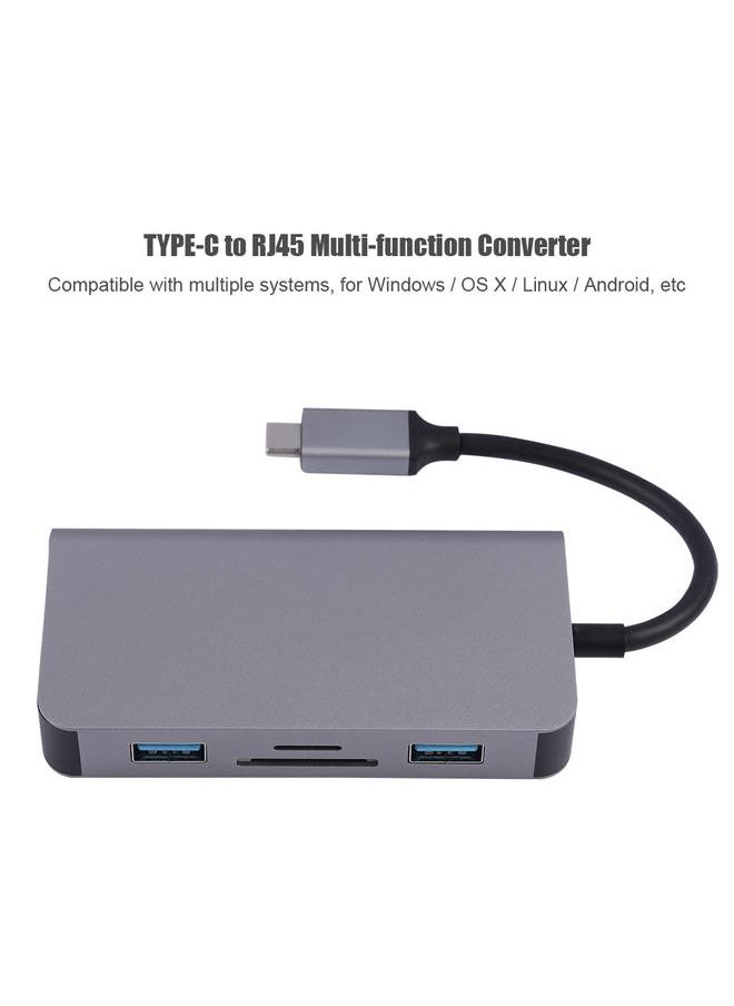 Thoraya - TYPE-C to RJ45 Gigabit PD TF SD Converter Hub USB3.0 for iPhone/MacBook Gray - Image 1