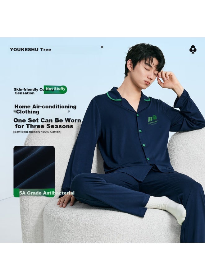 Youkeshu 60s Pure Cotton Men's Pajamas Xinjiang Combed Cotton 5a Antibacterial Father's Day Cardigan Summer Men's Home Wear Set - Image 1