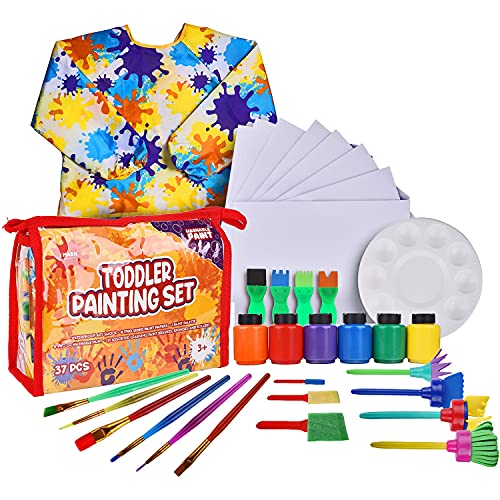 J MARK 38-Piece Toddler Paint Set, Includes Washable Tempera Paint, Art Smock, Painting Paper, Brushes, Tools - Image 1