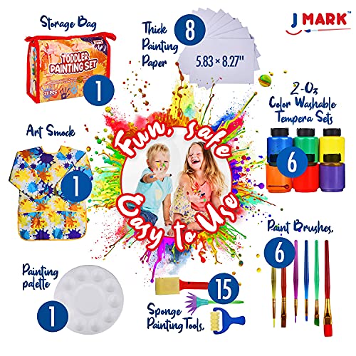 J MARK 38-Piece Toddler Paint Set, Includes Washable Tempera Paint, Art Smock, Painting Paper, Brushes, Tools - Image 2