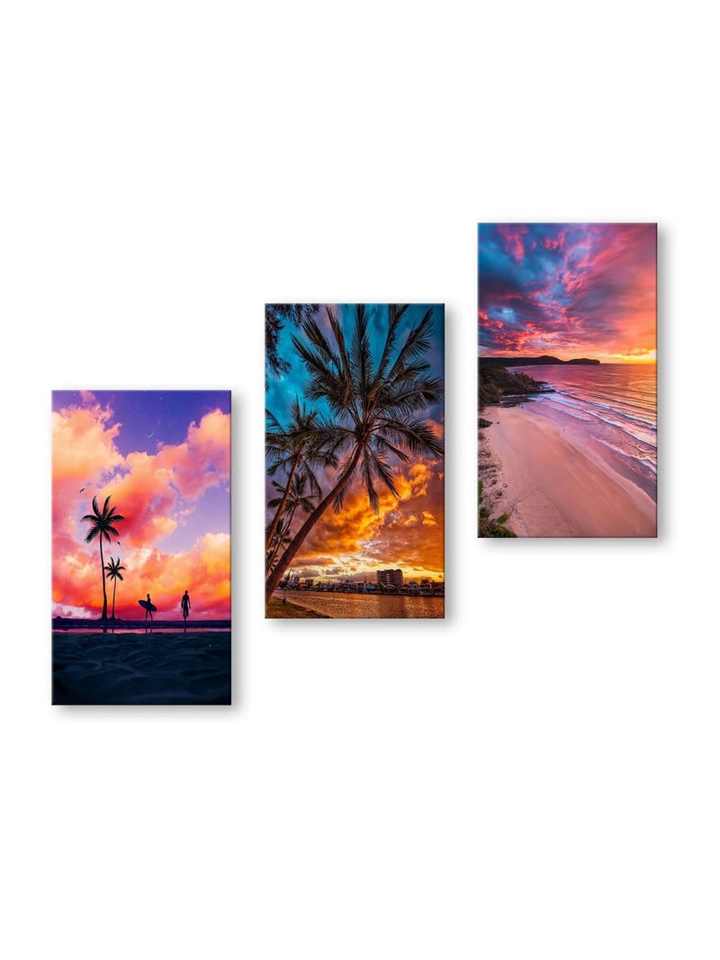999STORE Beach Sunset With Palm Trees home room décor framed stylish modern wall frames hanging items for living (Set of 3 Panels Paper Print 24X15 Inches) MDF3Frames037 - Image 2