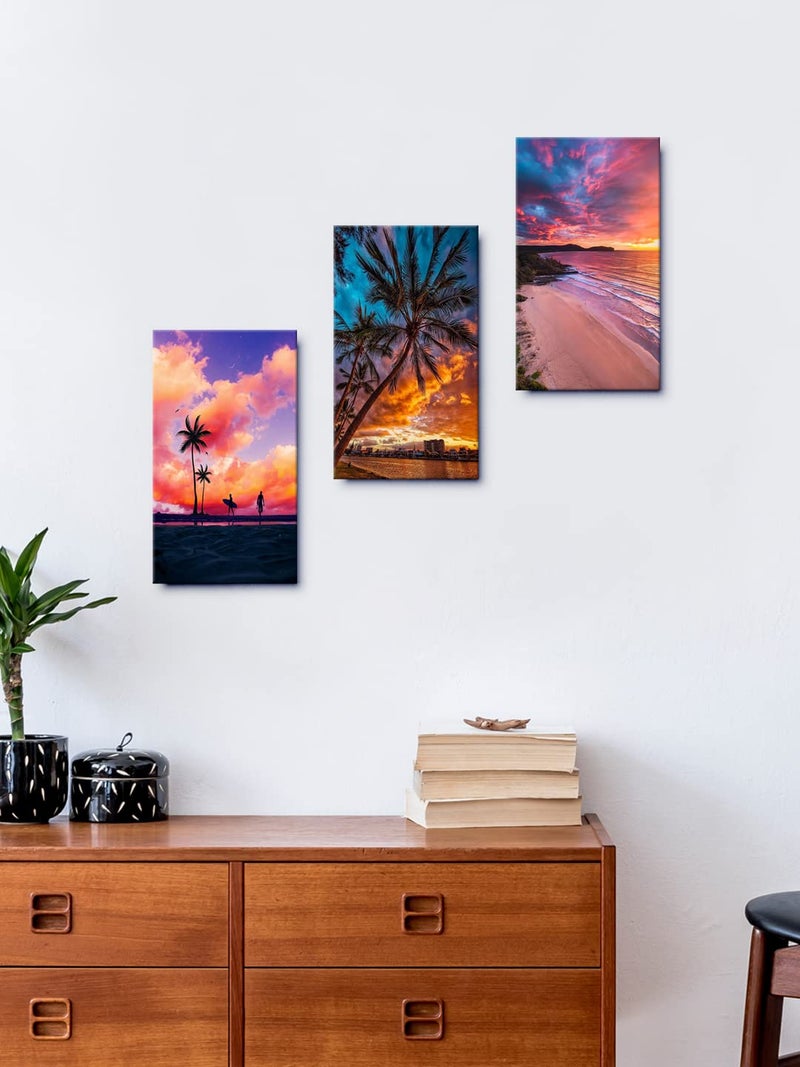 999STORE Beach Sunset With Palm Trees home room décor framed stylish modern wall frames hanging items for living (Set of 3 Panels Paper Print 24X15 Inches) MDF3Frames037 - Image 1