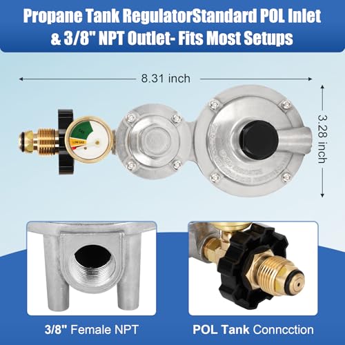 Feikeer Vertical 2 Stage Propane Regulator with POL and Gauge, Two Stage Propane Regulator Standard 3/8 Female NPT Connection, Double Stage Regulator for 20-100lb Tank，Gas Grill, RV, Propane Heater - Image 2