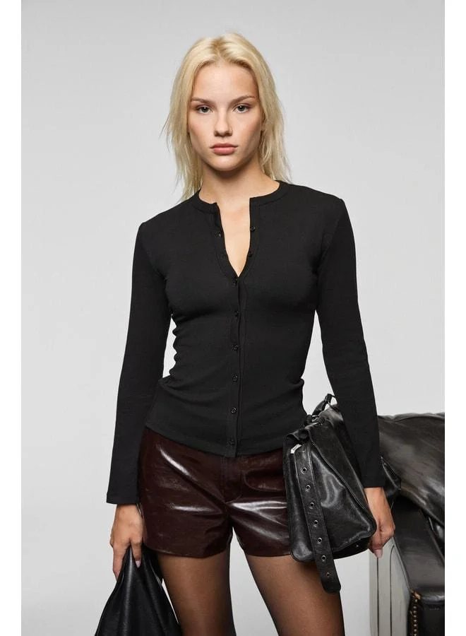 Grimelange TALUVIA Women's Stretch Fabric Body-Hugging Slim Fit Buttoned Black Blouse.