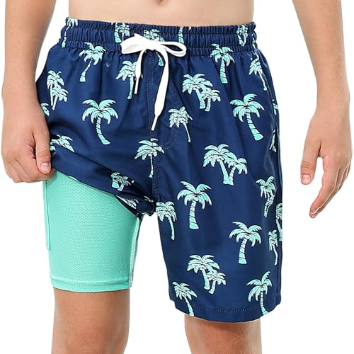 ZenGents Boys Swim Trunks Size 10-12 Palm Tree Swim Shorts with Compression Liner Swimsuit Teen Boys Bathing Suit Size 10-12 Swimming Trunks for Kids - Image 1
