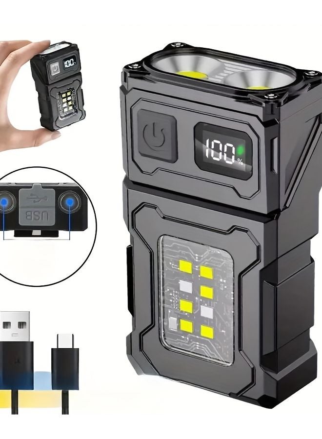 Black Mini LED Flashlight Rechargeable Portable COB Work Light Rotating Head 8 Modes - Image 2