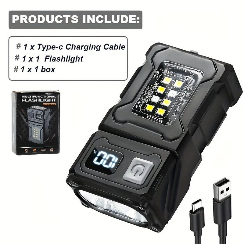 Black Mini LED Flashlight Rechargeable Portable COB Work Light Rotating Head 8 Modes - Image 1