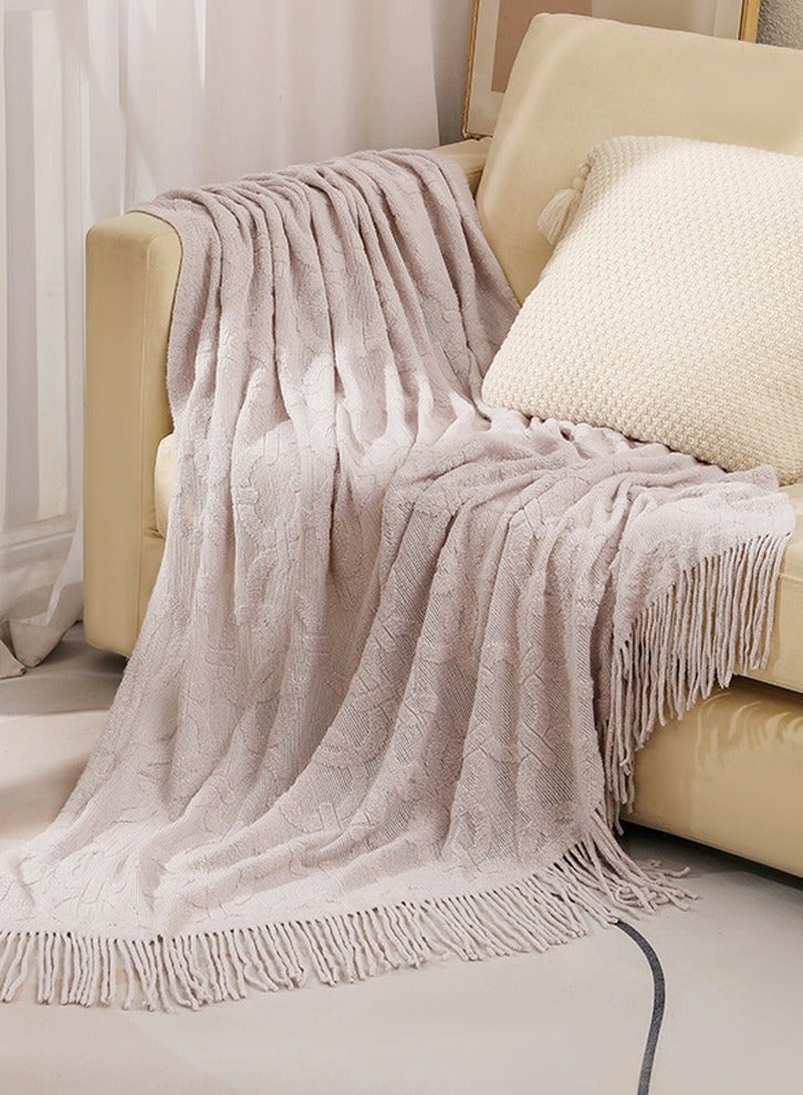 Loquat Solid Color Jacquard Weave Tassel Design Knitted Soft Throw Blanket Light Grey - Image 1