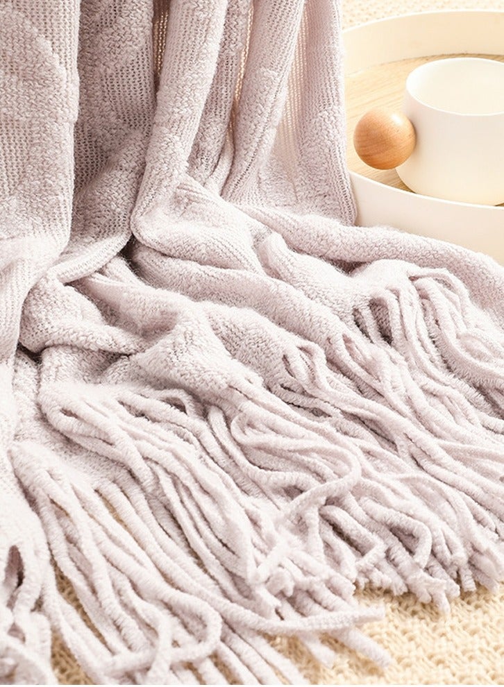 Loquat Solid Color Jacquard Weave Tassel Design Knitted Soft Throw Blanket Light Grey - Image 3