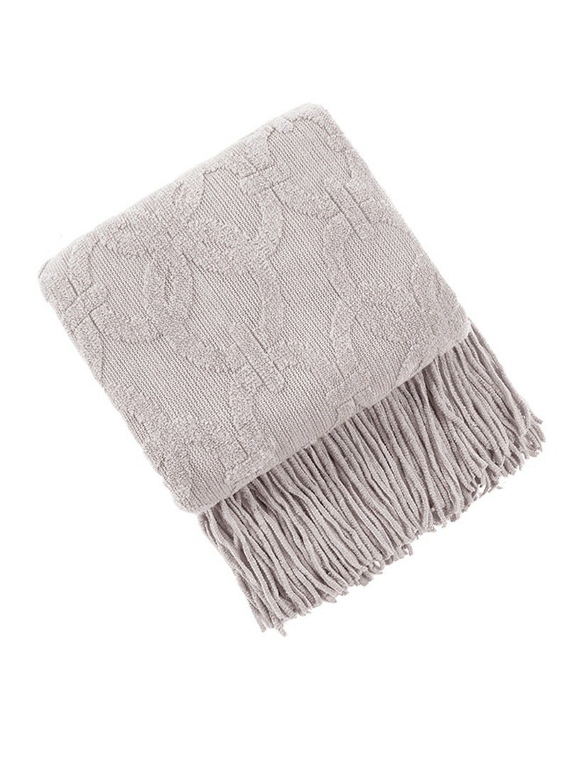 Loquat Solid Color Jacquard Weave Tassel Design Knitted Soft Throw Blanket Light Grey - Image 4