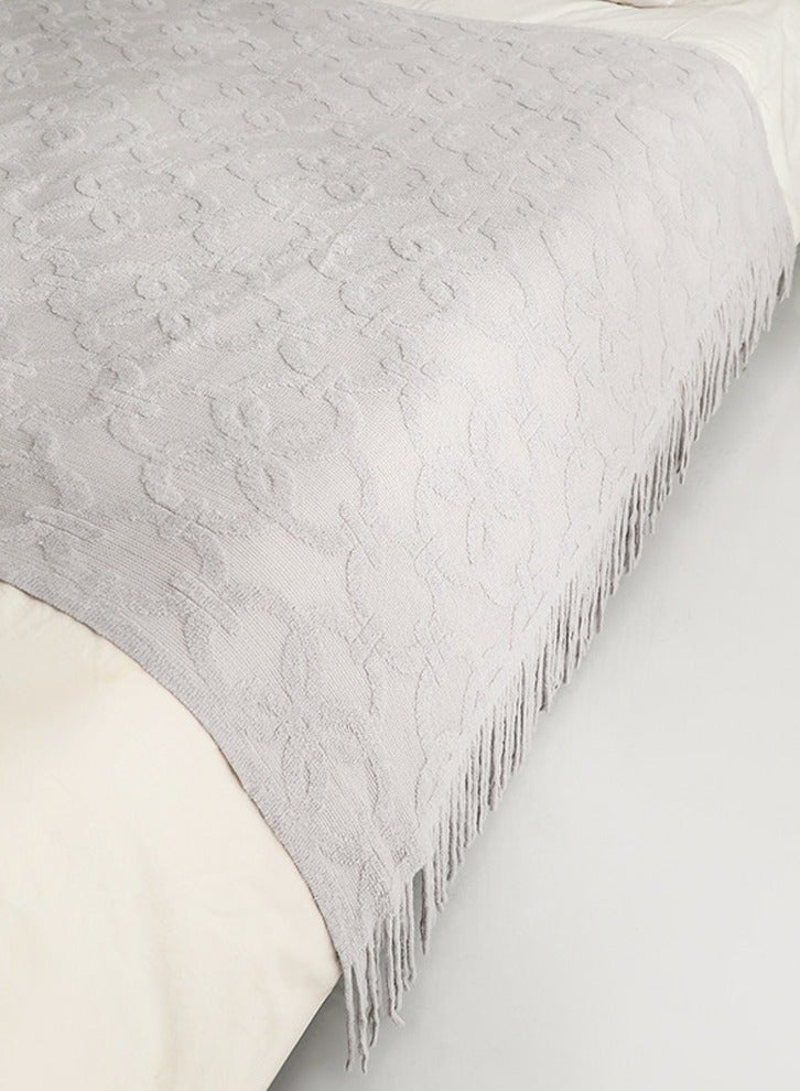 Loquat Solid Color Jacquard Weave Tassel Design Knitted Soft Throw Blanket Light Grey - Image 2