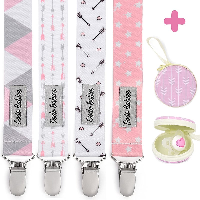 Dodo Babies Pacifier Clip Set Four Clips Plus Binky Case Universal Holder Fits Most Paci Brands Teethers and Car Seats Pink and Gray Prints for Girls or Boys