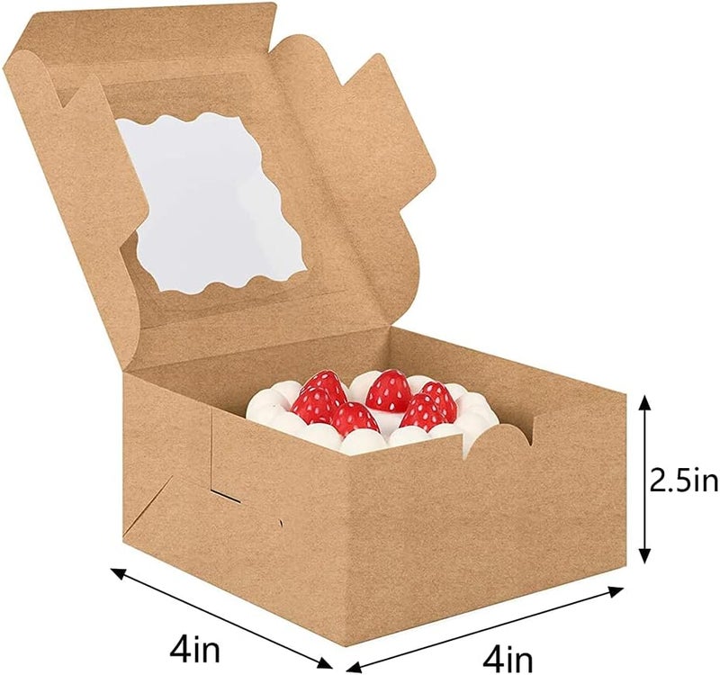 Zikra Cake Box, Brown Cookie Boxes with PVC Window Paper Bakery Boxes Pastry Boxes Cupcake Boxes, for Pies, Donuts, Cookies and Muffins, Small Natural Craft Paper Box (20 Pcs, 4 x 4 x 2.5 Inches) - Image 2