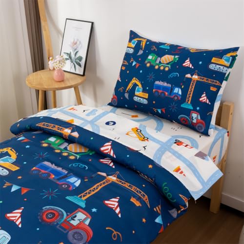 NTBED 4 Pieces Construction Truck Toddler Bedding Set for Baby Boys, Flags Vehicles Excavator Cars Printed, Includes Comforter, Flat Sheet, Fitted Sheet and Pillowcase,Navy - Image 3