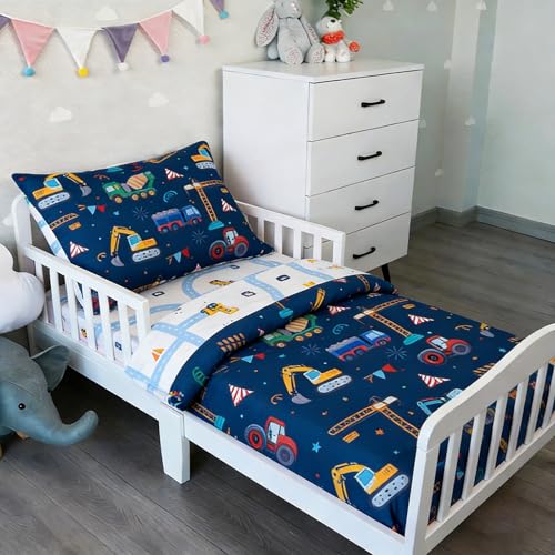 NTBED 4 Pieces Construction Truck Toddler Bedding Set for Baby Boys, Flags Vehicles Excavator Cars Printed, Includes Comforter, Flat Sheet, Fitted Sheet and Pillowcase,Navy - Image 1