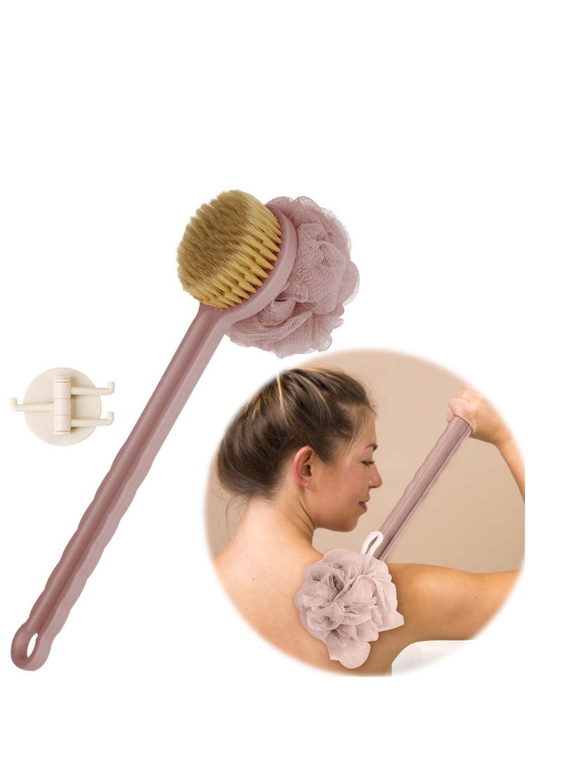 Generic Back Scrubber for Shower Women Men, Bath Body Brush with Mesh Sponge, Soft Bristles and Loofah, Ergonomic Wavy Long Handle, Skin Exfoliating Brushing Set Wet or Dry, Purple  - Image 1