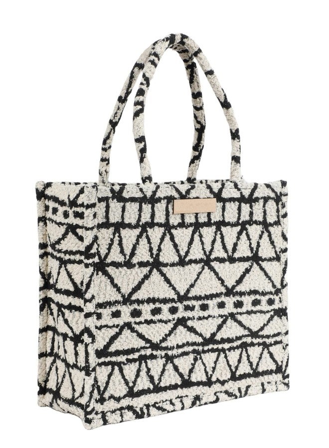 pepme Polyester Cotton printed handbag, triangles, boxes, lines, off-white, black, 14x11 - Image 1