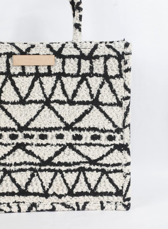 pepme Polyester Cotton printed handbag, triangles, boxes, lines, off-white, black, 14x11 - Image 4