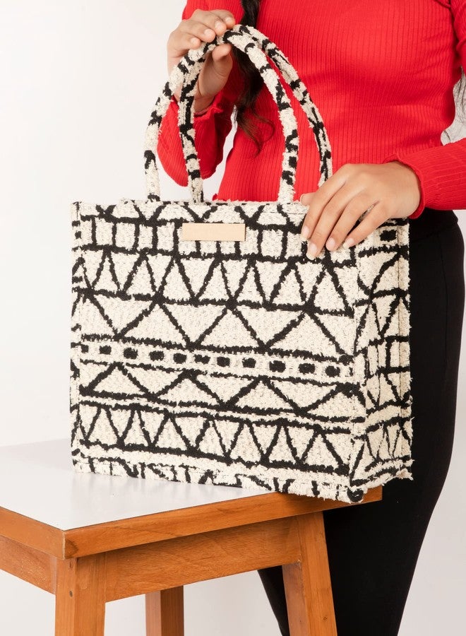 pepme Polyester Cotton printed handbag, triangles, boxes, lines, off-white, black, 14x11 - Image 3