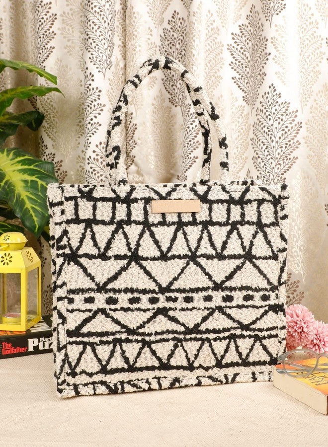 pepme Polyester Cotton printed handbag, triangles, boxes, lines, off-white, black, 14x11 - Image 2