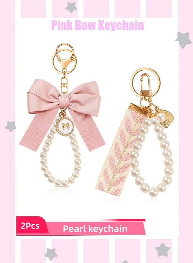 سلسلتا مفاتيح ورديتان مزينتان بفيونكة للنساء، حلقة مفاتيح للمعصم مزينة باللؤلؤ، قلادة لمفاتيح السيارة وحقيبة اليد، إكسسوار أنيق للحقيبة، حامل مفاتيح أنيق للحقيبة وحقيبة اليد وحقيبة الظهر، هدية مثالية للفتيات (وردي فاتح) - Image 1