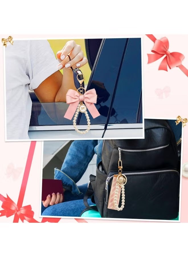 سلسلتا مفاتيح ورديتان مزينتان بفيونكة للنساء، حلقة مفاتيح للمعصم مزينة باللؤلؤ، قلادة لمفاتيح السيارة وحقيبة اليد، إكسسوار أنيق للحقيبة، حامل مفاتيح أنيق للحقيبة وحقيبة اليد وحقيبة الظهر، هدية مثالية للفتيات (وردي فاتح) - Image 5