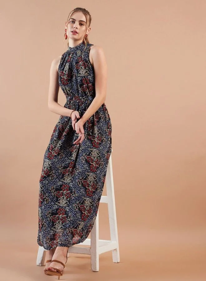 Freehand  Women Fit and Flared Floral Printed Round Neck Sleeveless Maxi Dress for Women | Best Price UAE