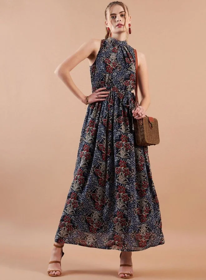Women Fit and Flared Floral Printed Round Neck Sleeveless Maxi Dress