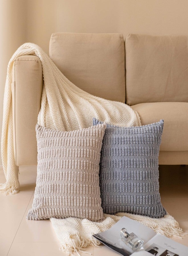 Softalker Throw Pillow Covers 18x18 Inch, Set of 4, Corduroy Soft Striped Farmhouse Boho Pillow Cover, Modern Decorative Cushion Pillow Case for Couch Sofa Bedroom Living Room, Grey/Blue - Image 5
