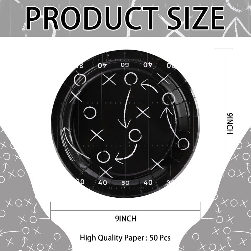 Grencian 50Pcs Black Football Party Plates 9" Heavy Duty Disposable Football Paper Plates for Sport theme Super Game Bowl Birthday Party Decorations Serve 50 - Image 2