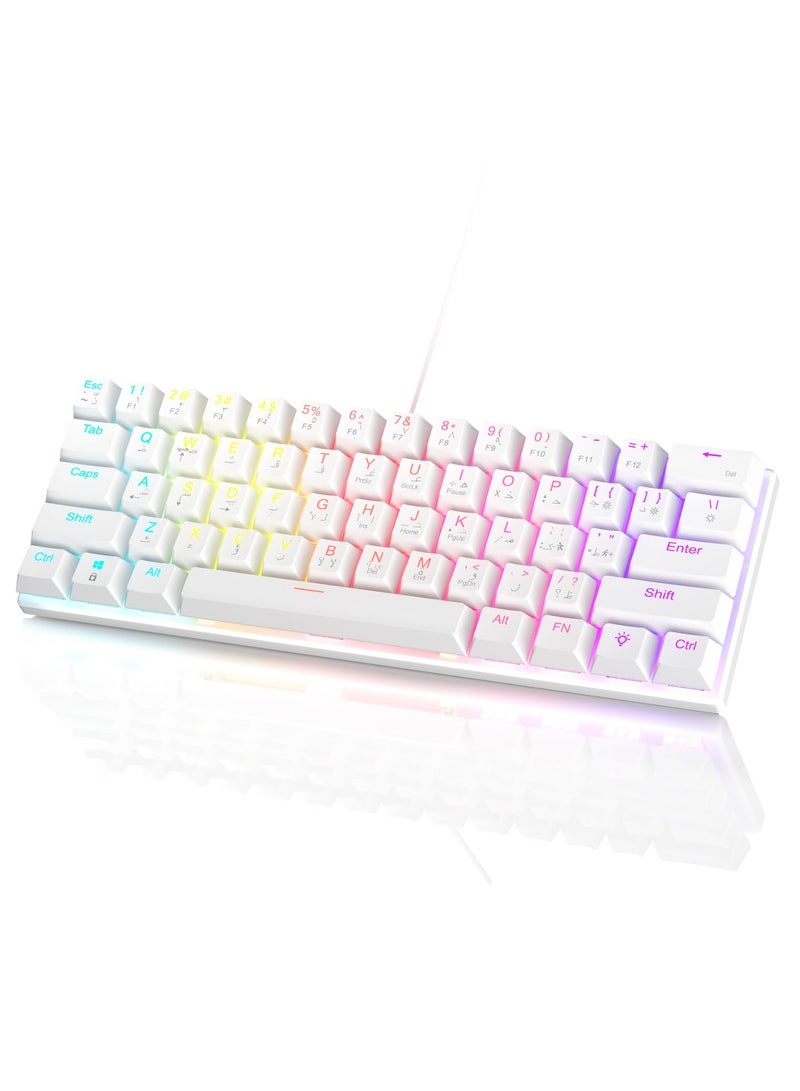 61-Key English Arabic Mechanical Keyboard, Red Switch Hybrid Light Compact Mini Wired Keyboard for PC, Mac E-sports Portable Gaming Keyboard - White Keyboard - Image 1