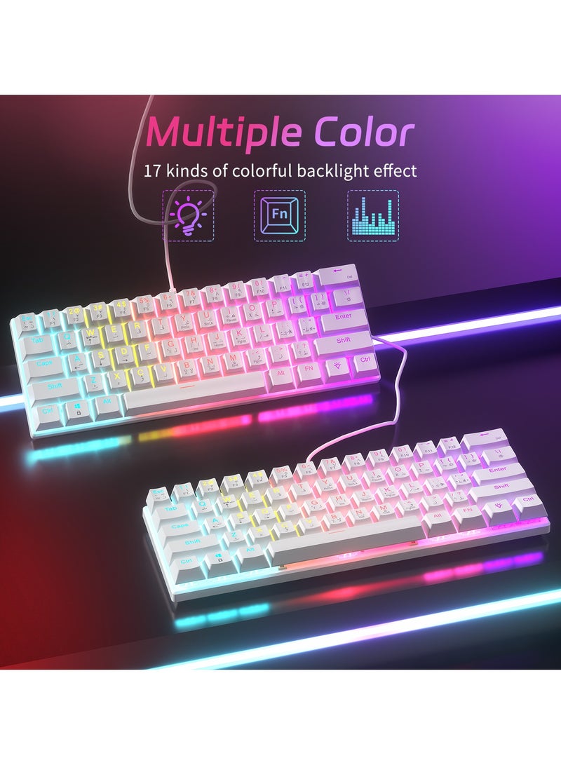 61-Key English Arabic Mechanical Keyboard, Red Switch Hybrid Light Compact Mini Wired Keyboard for PC, Mac E-sports Portable Gaming Keyboard - White Keyboard - Image 5