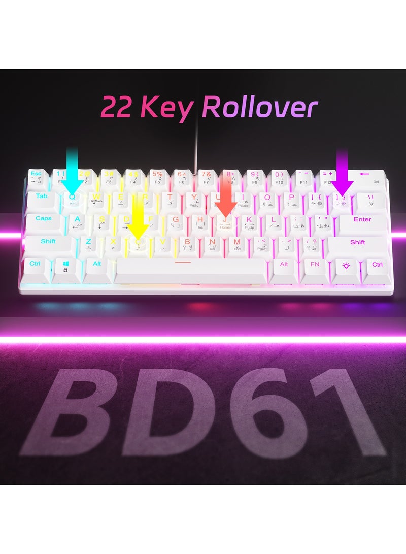 61-Key English Arabic Mechanical Keyboard, Red Switch Hybrid Light Compact Mini Wired Keyboard for PC, Mac E-sports Portable Gaming Keyboard - White Keyboard - Image 2