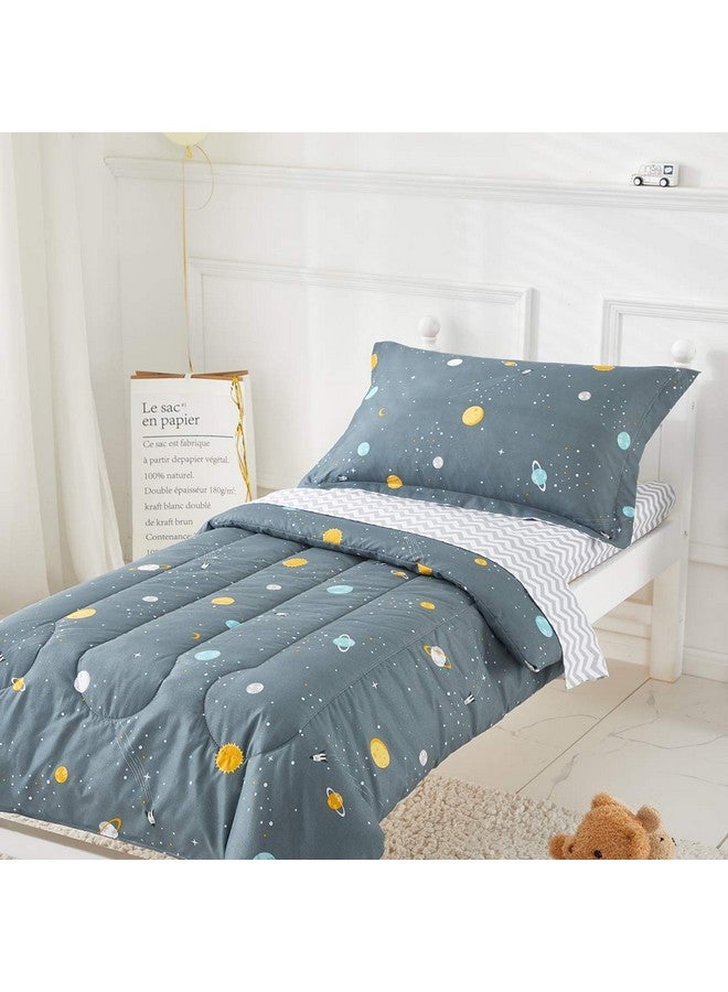Uozzi Bedding طقم سرير للأطفال الأولاد كوكب الفضاء رمادي-أخضر يتضمن لحاف مزخرف رائع، ملاءة سرير، ملاءة علوية، وكيس وسادة لسرير الأولاد - Image 2